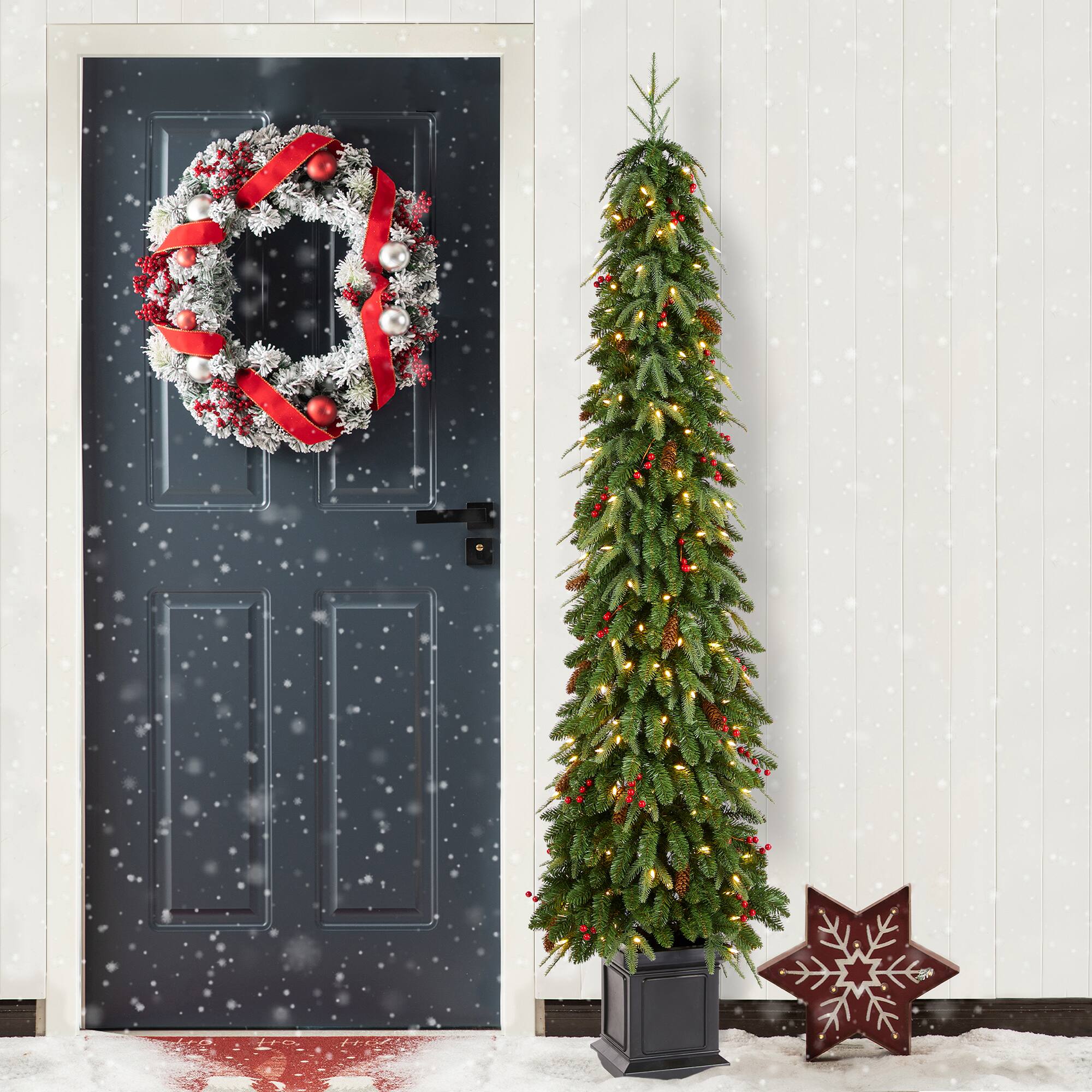 Glitzhome® 7ft Pre-lit Green Artificial Christmas Porch Tree, Warm White Lights
